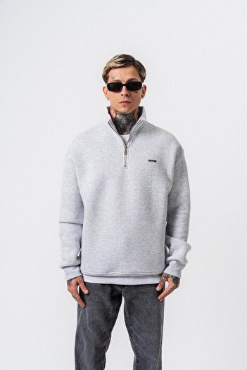 Respire Men's Text Detailed Half-Zip Basic Sweatshirt Snow Melange