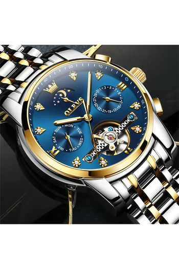 OLEVS Men's Watch Silver Blue Analog Mechanical Automatic Date Phosphorescent Indexes
