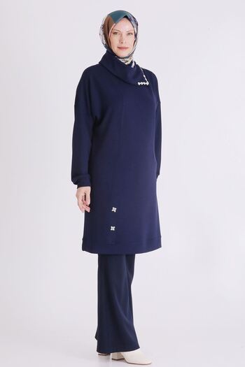behrem Plus Size Hijab Collar Stone Tunic 2065 Navy Blue
