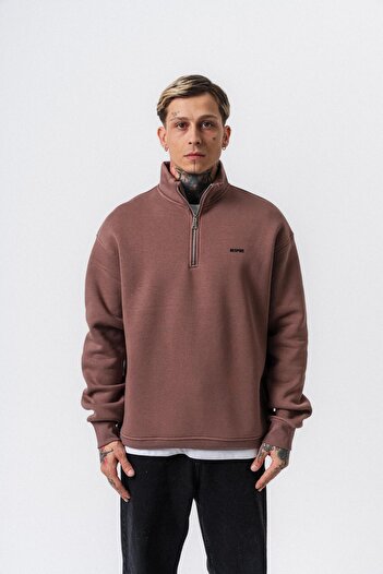 Respire Men's Text Detailed Half Zipper Basic Sweatshirt Cocoa
