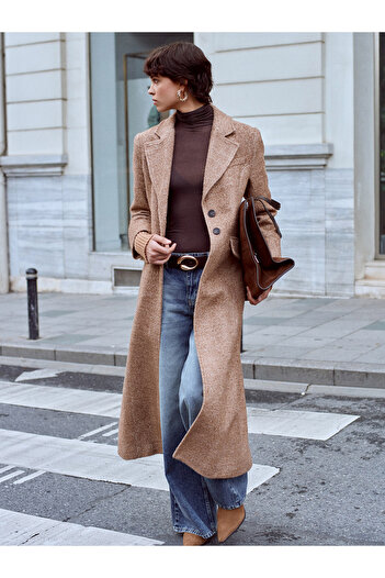 Dilvin 65478 Triko Kol Detaylı Kaban-Camel