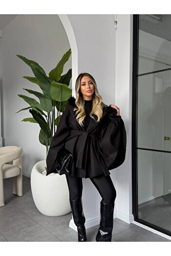 VESS MODA Fur Detailed Belted Cashmere Poncho
