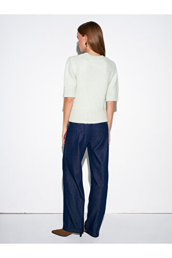 Dilvin 10821 Crew Neck Short Sleeve Knitwear Sweater-Mint