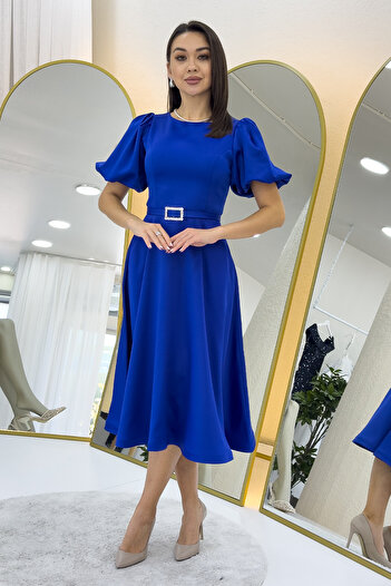 zks grup tekstil Rochie de seară din satin cu mâneci balon pentru femei, cu centură de piatră, lungime midi, negru, alb, indigo, sax, roșu, bleumarin