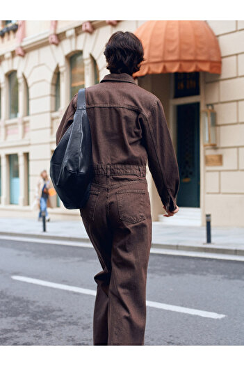 Dilvin 72069 100% Cotton Long Sleeve Denim Jumpsuit-Brown