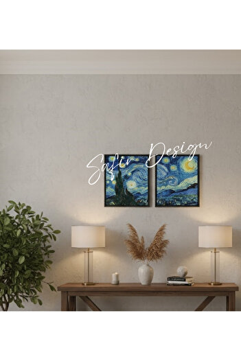 Safir Design 2'li Yıldızlı Gece Tablosu Seti | Mavi Tonlarda Van Gogh Tarzı Duvar Sanatı çerçeveli Tablo Seti