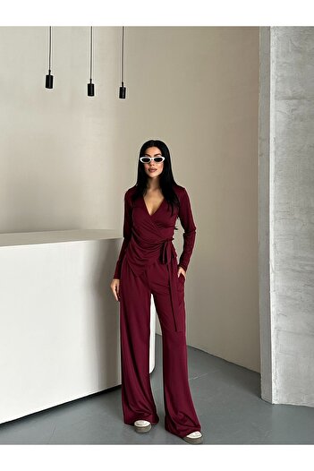 solena sln Women's Burgundy Draped Asymmetrical Cut Side Tie Blouse Pants Modal Set