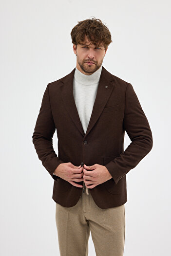 Frappoli Enrica Men's Brown Cashmere Fabric Half-Lined Mono Collar Sports Blazer Jacket with Pocket