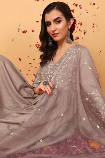 ZERE Nude Silk Blend Solid Embroidered Flared Suit Set