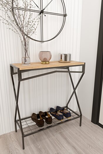 boz concept home Dresuar Metal Ayaklı Çam Ahşap Raflı Dekoratif Çok Amaçlı 2 Raflı Düzenleyici Mutfak Düzenleyici