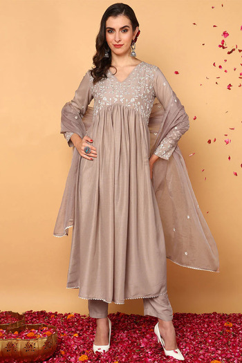 ZERE Nude Silk Blend Solid Embroidered Flared Suit Set