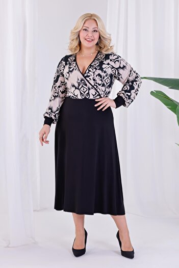 Madwilo Women's Black Beige Ethnic Pattern Blocky Double Breasted Collar Balloon Sleeve Plus Size Stretchy Maxi Dress