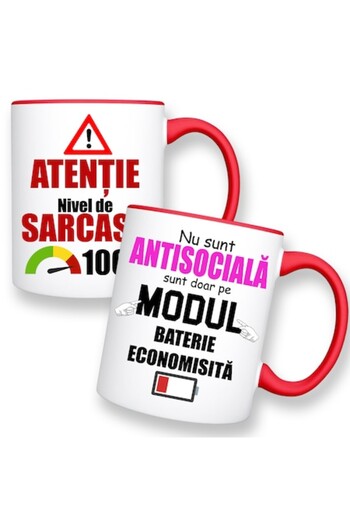 OEM Set 2 mugs with funny message: 'Attention sarcasm, Antisocial', Betaprint, ceramic, white with red i