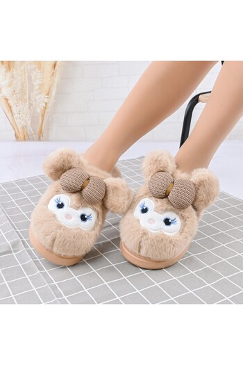 Tmall Fluffy slippers for women, with bow tie, Imblaniti, PD1058, Khaki