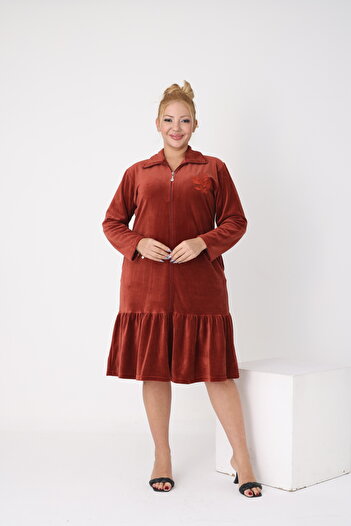 STELLETO Ruffled Embroidery Detailed Collar Long Sleeve Zippered Velvet Plus Size Dress