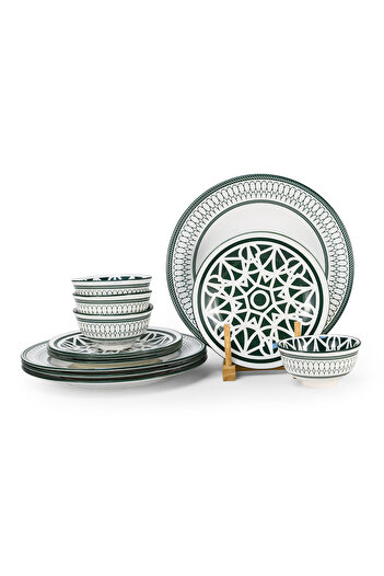 SHALLOW Porcelain AMALFI 12Pc Dinner Set - Green, 4×10.5” Plates,4×7.5”SidePlates&4 × 4.5”SmallBowls