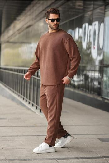 Madmext Brown Crew Neck Men's Velvet Suit E7337