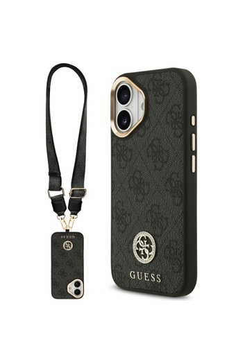 Guess Case for iPhone 17, 4G Strass Logo with Big Strap Metal Button MagSafe, Slim Protection, Black