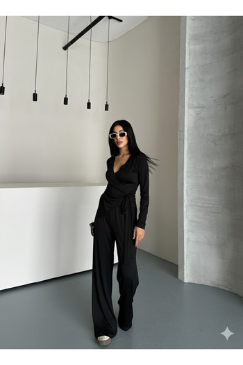 solena sln Women's Black Draped Asymmetrical Cut Side Tie Blouse Pants Modal Set