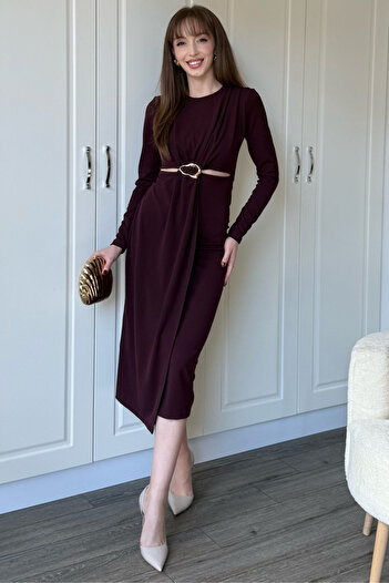Dilay Gökoğlu Butik Long Sleeve Midi Burgundy Dress with Waist Detail