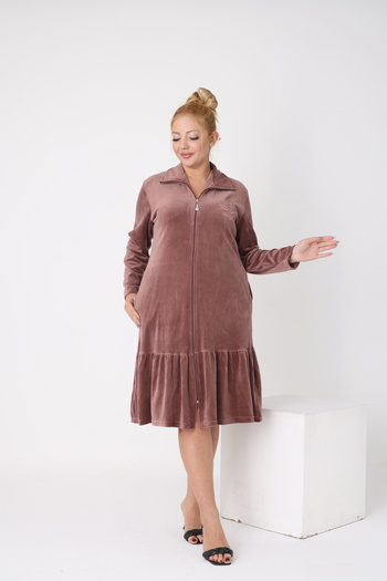 STELLETO Ruffled Embroidery Detailed Collar Long Sleeve Zippered Velvet Plus Size Dress