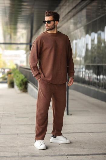 Madmext Brown Crew Neck Men's Velvet Suit E7337