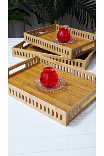 behila Bamboo 3-Layer Rectangular Presentation Tray Coffee Tea Tray