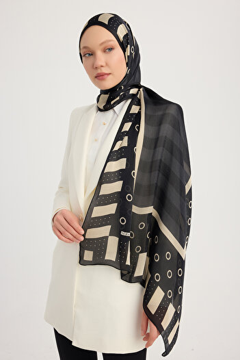 Schaless Rhythmic Geometry - Black - Aurora Patterned Janjan Shawl - 70X190 cm