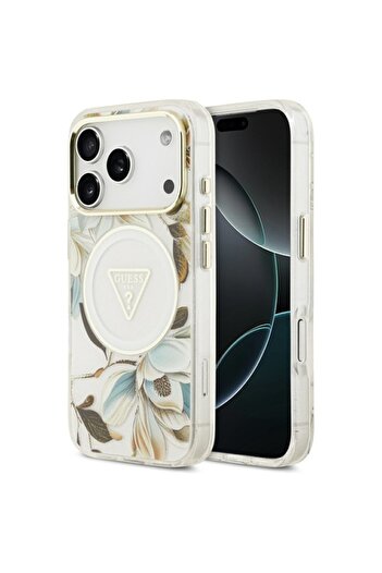 Guess Case for iPhone 17 Pro, IML Flowers with Pearl Strap MagSafe - White