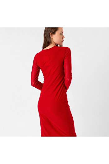 MILANOFOX Tulle Detailed Transparent Sleeves Lined Long Sleeve V-Neck Midi Dress
