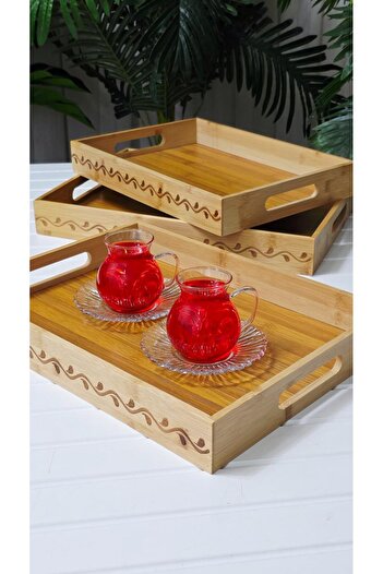 behila Bamboo 3-Layer Rectangular Presentation Tray Coffee Tea Tray