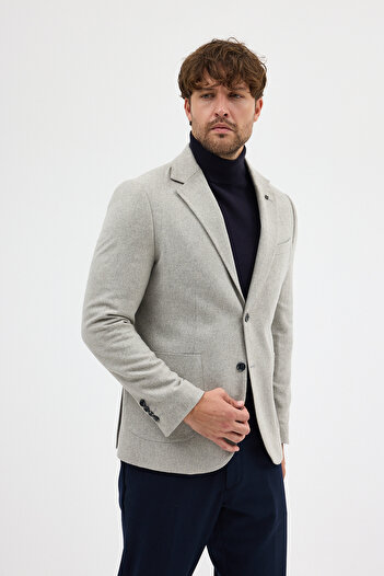 Frappoli Lanz Men's Gray Cashmere Fabric Half-Lined Mono Collar Sports Blazer Jacket with Pocket