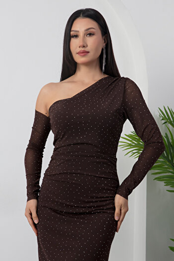 PULLIMM One Shoulder Long Sleeve Rhinestone Tulle Dress Dks1012