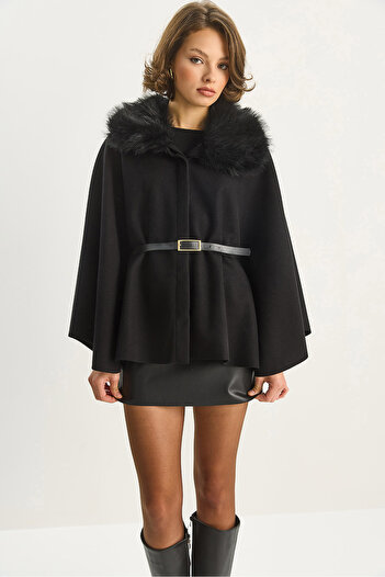 Bianco Lucci Women's Plush Collar Detailed Belted Cashmere Poncho 2805 60281115