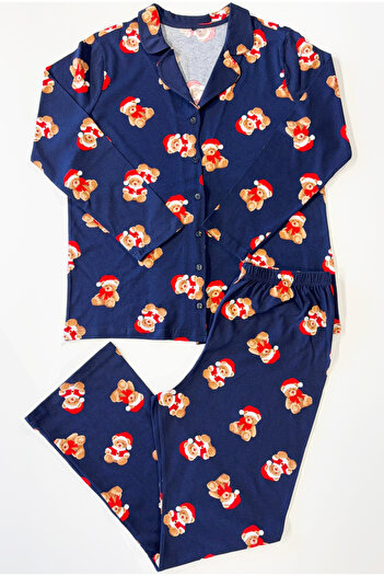 Siyah İnci Navy Blue Red Teddy Bear Christmas Themed Large Size Oversized Buttoned Knitted Cotton Pajama Set7617