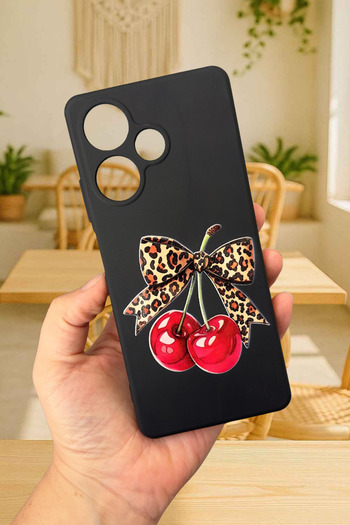 Vip Case Infinix Hot 30 Compatible Cherry Leopard Bow Patterned Silicone Shock-Absorbing Rubber Case277