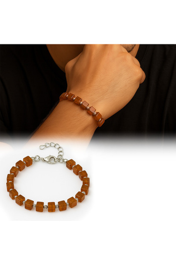 Tesbihane Silver Color Metal Chain Dorica Ball Ornament Cube Cut Honey Color Natural Drop Amber Men's Bracelet