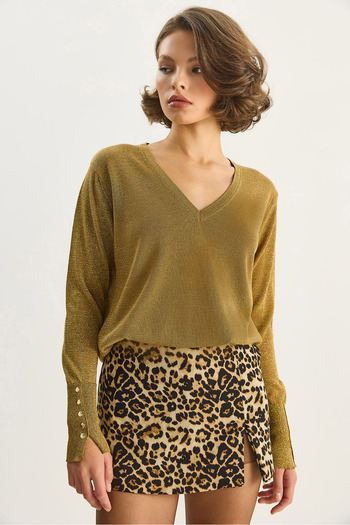 Bianco Lucci Women's Sleeve Detailed V-Neck Gold Glitter Mercerized Knitwear Blouse Tk251123 60283643
