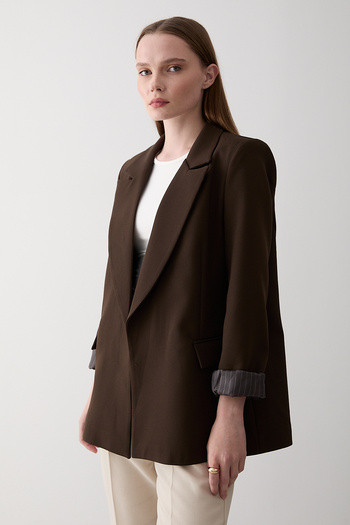 Laluvia Brown Sleeve Folded Blazer Jacket - 7560