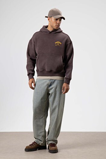 VAMOSCLO Oversize Washed Boxy Fit Hooded Sweatshirt Brown