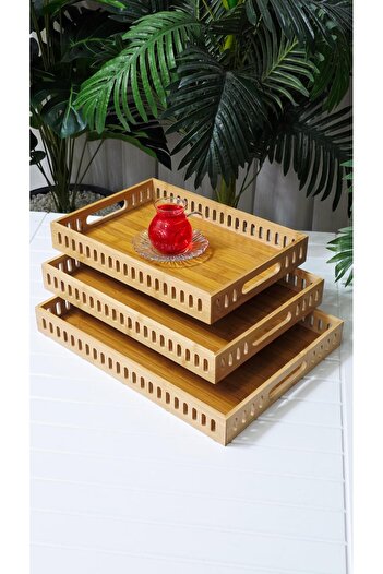 behila Bamboo 3-Layer Rectangular Presentation Tray Coffee Tea Tray