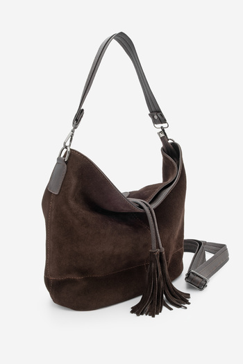 Marjin Women's Genuine Leather Tassel Hand and Shoulder Bag Olven Brown Suede
