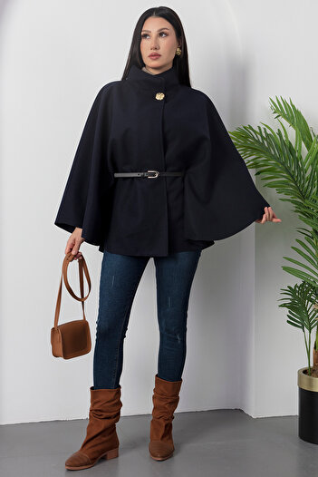 PULLIMM Belted Buttoned Poncho Dks1338