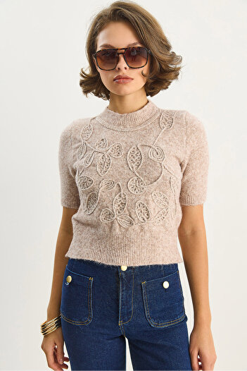 Bianco Lucci Women's Short Sleeve Embroidery Patterned Knitwear Sweater 5021 60283664