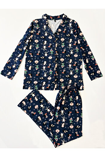 Siyah İnci Navy Blue Penguin Christmas Themed Large Size Oversized Buttoned Knitted Cotton Pajama Set7617