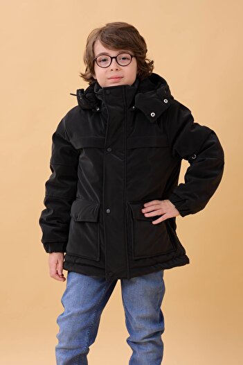 Perendi Boy's Fur-Lined Hooded Water Repellent Thick Winter Coat Black