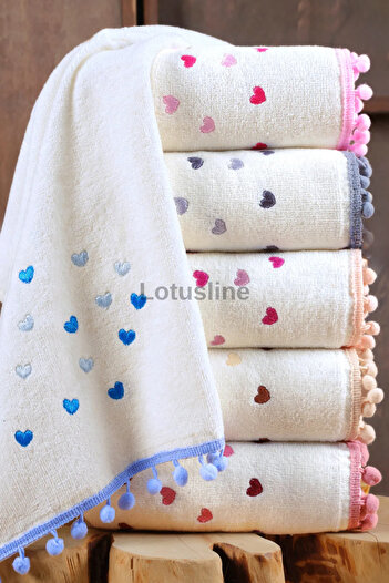 Lotusline 6 Pieces Heart Embroidered with Pompom - Heart Patterned Hand and Face Towel Set - Kitchen Towel 30X50 cm