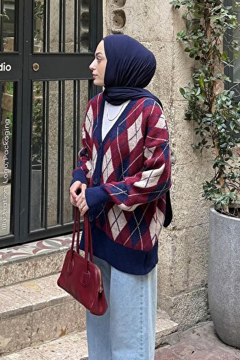 lamelif Crew Neck Short Cardigan Navy Blue