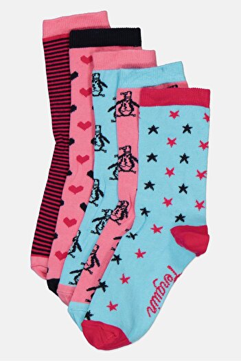 Original Penguin Kids Girl 5 Pairs Graphic Print Socks, Multicolor