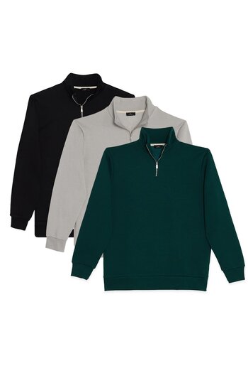 Tudors Unisex 3-Pack Black-Stone-Khaki Relax Fit Cotton Half-Zip Stand Collar Sweatshirt